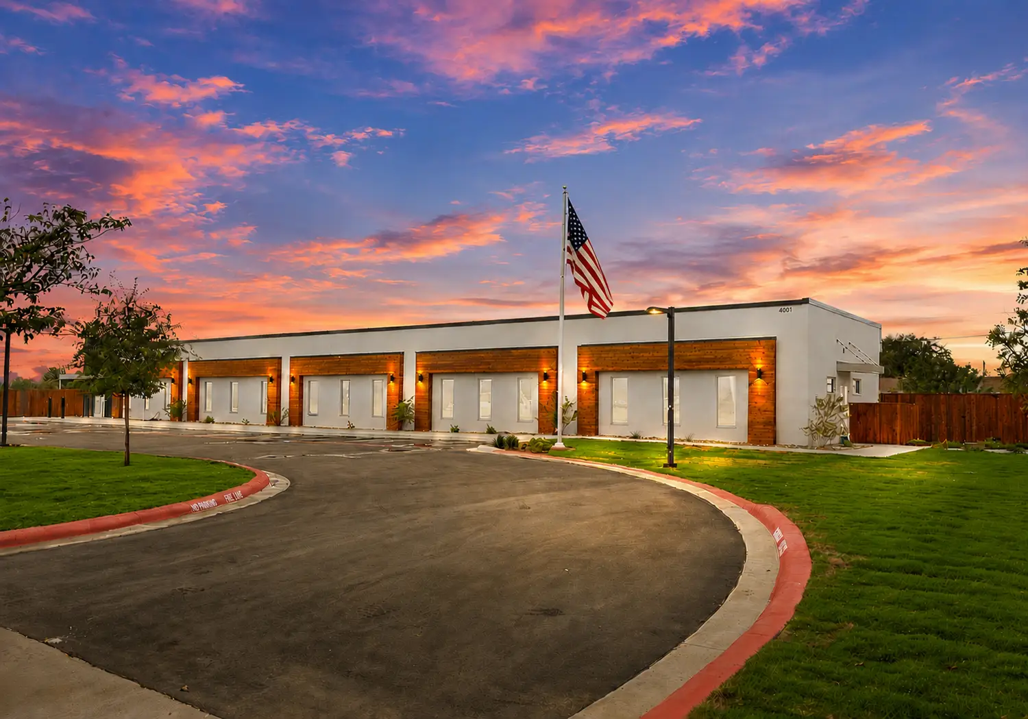 Commercial building exterior with clean horizontal lines and contrasting wall finishes
