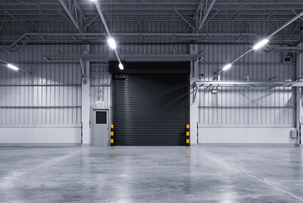 Expansive concrete warehouse floor with visible slab joints